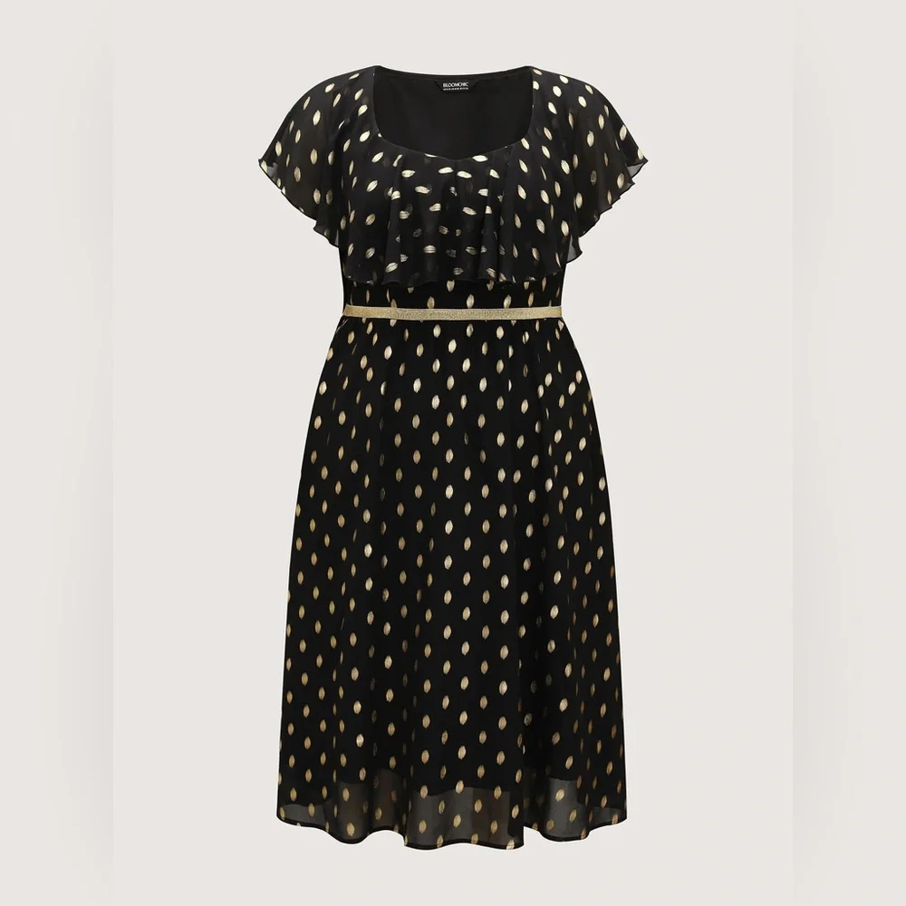 BloomChic Shimmery Polka Dot Stretchy Waist Midi Dress Black/Gold Plus Size - Picture 3 of 11